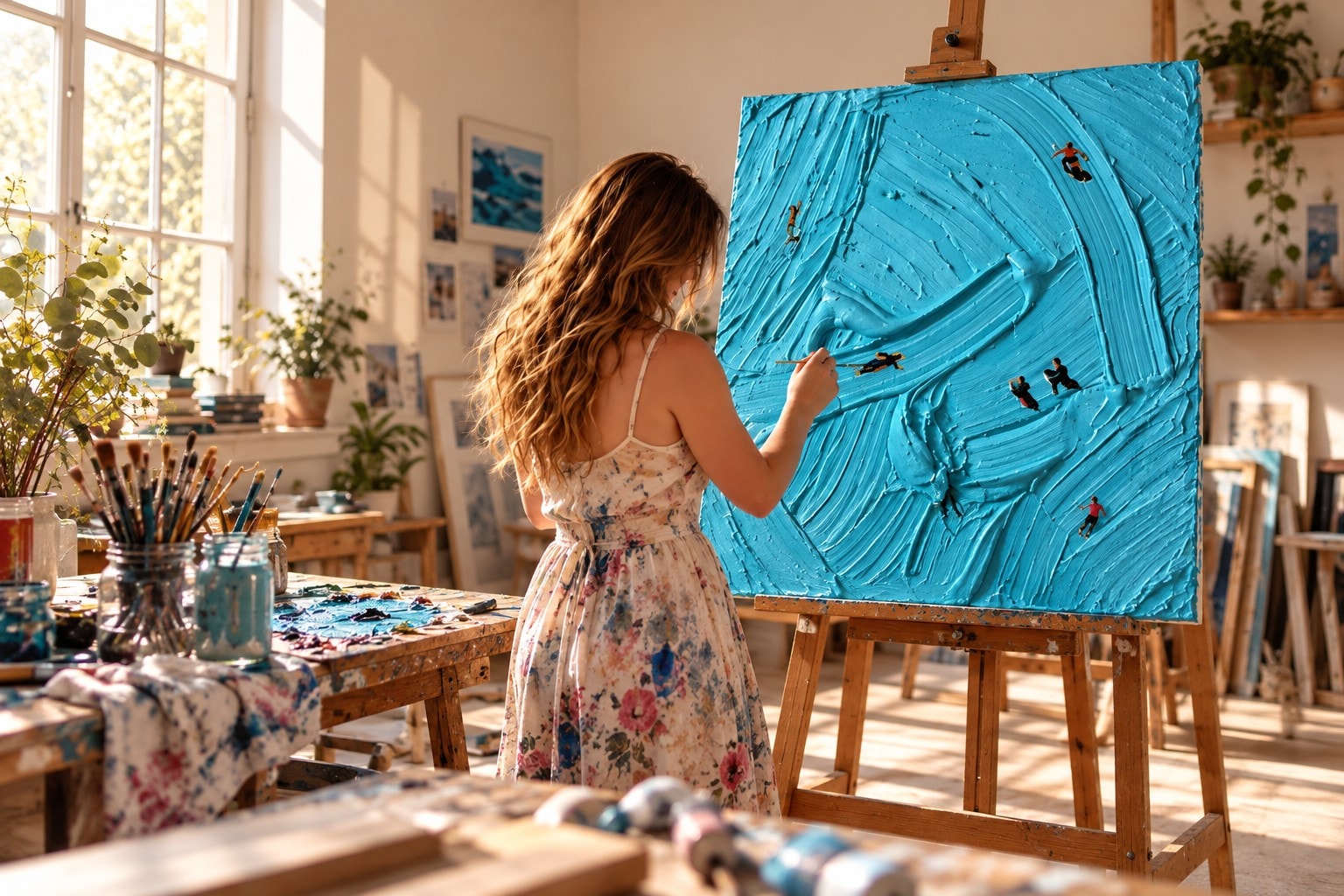 Daphne in a floral dress at her easel in a sunlit studio, painting Catching Waves: thick turquoise paint with tiny surfers.