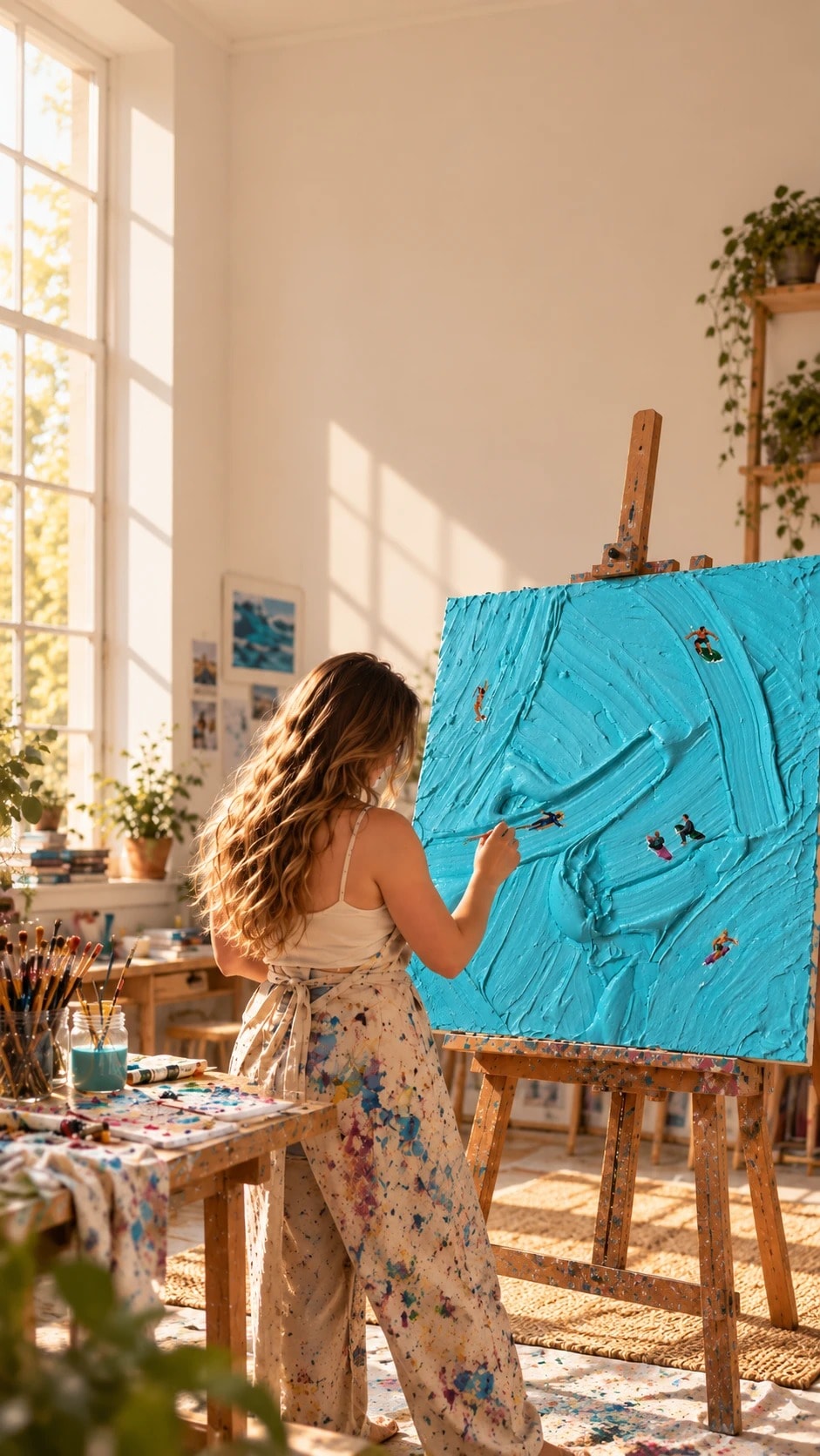 The artist at her easel in a sunlit studio, painting Catching Waves.