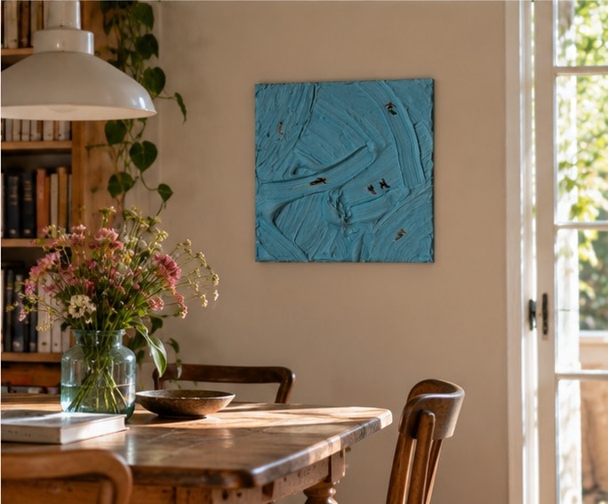 Catching Waves aan de muur van een eetkamer, boven een houten tafel met een glazen vaas roze veldbloemen, naast een boekenkast en een openstaande deur.