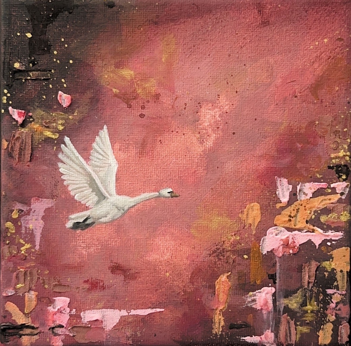 A square canvas in deep rose and burgundy tones with a white swan in flight, wings raised, among loose strokes of pink, ochre and gold.