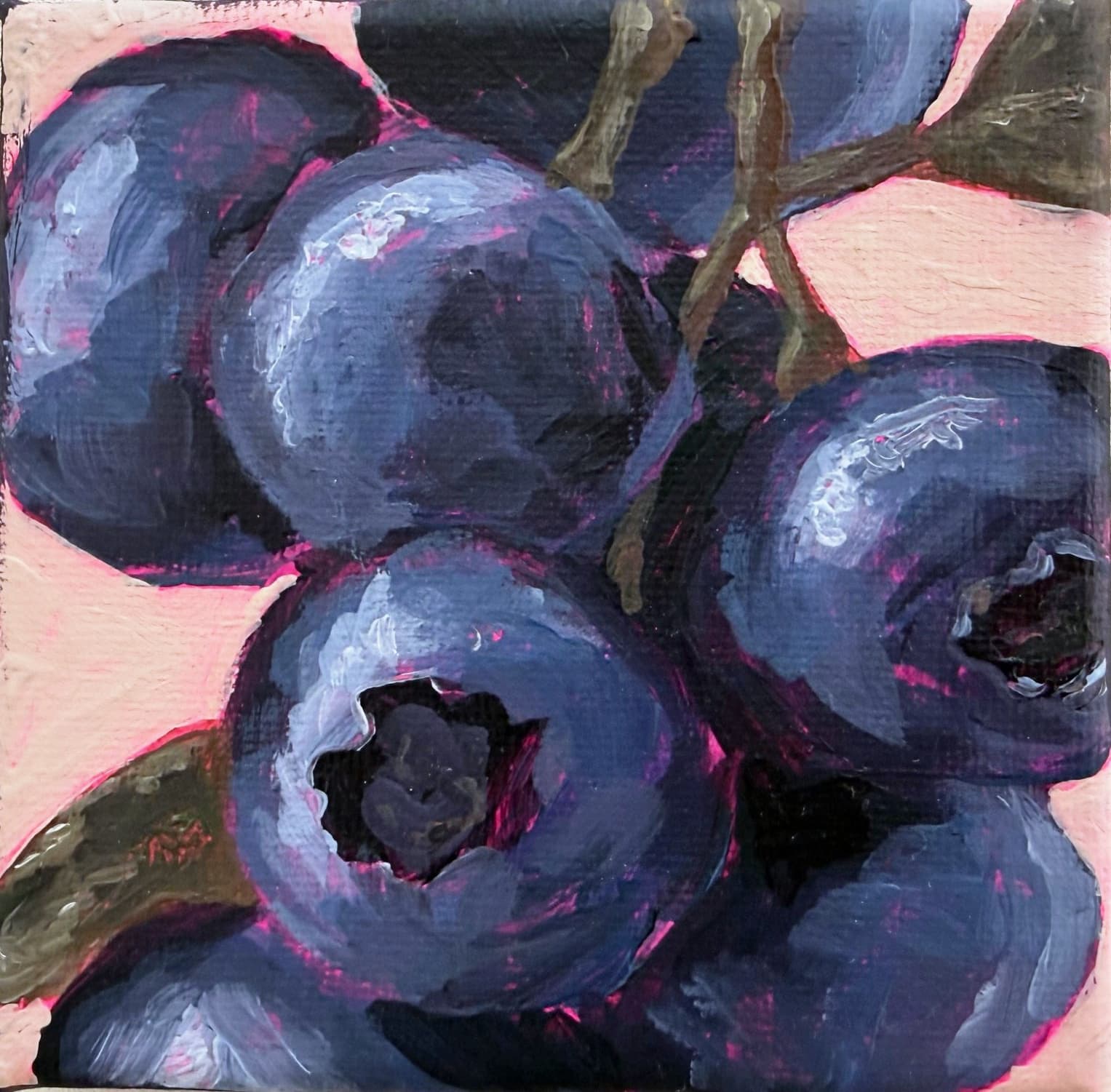 Een klein vierkant doek vol grote blauwe bessen in diepblauw en violet, met olijfgroene steeltjes op een zachte perzikkleurige ondergrond met felroze randen.
